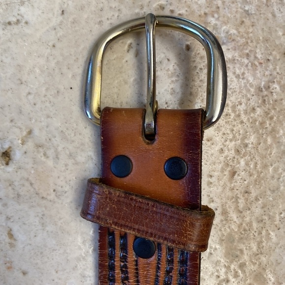 Genuine Leather Belt Brown Cognac Tulled silver buckle distressed Mexico - Picture 4 of 10